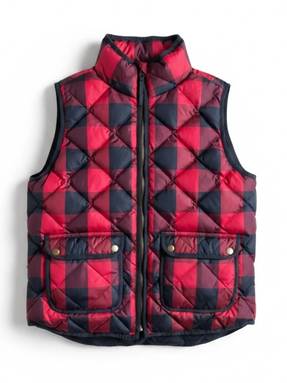 J. Crew Buffalo Plaid Down Puffer Vest Red Black Quilted Snap Pocket Medium